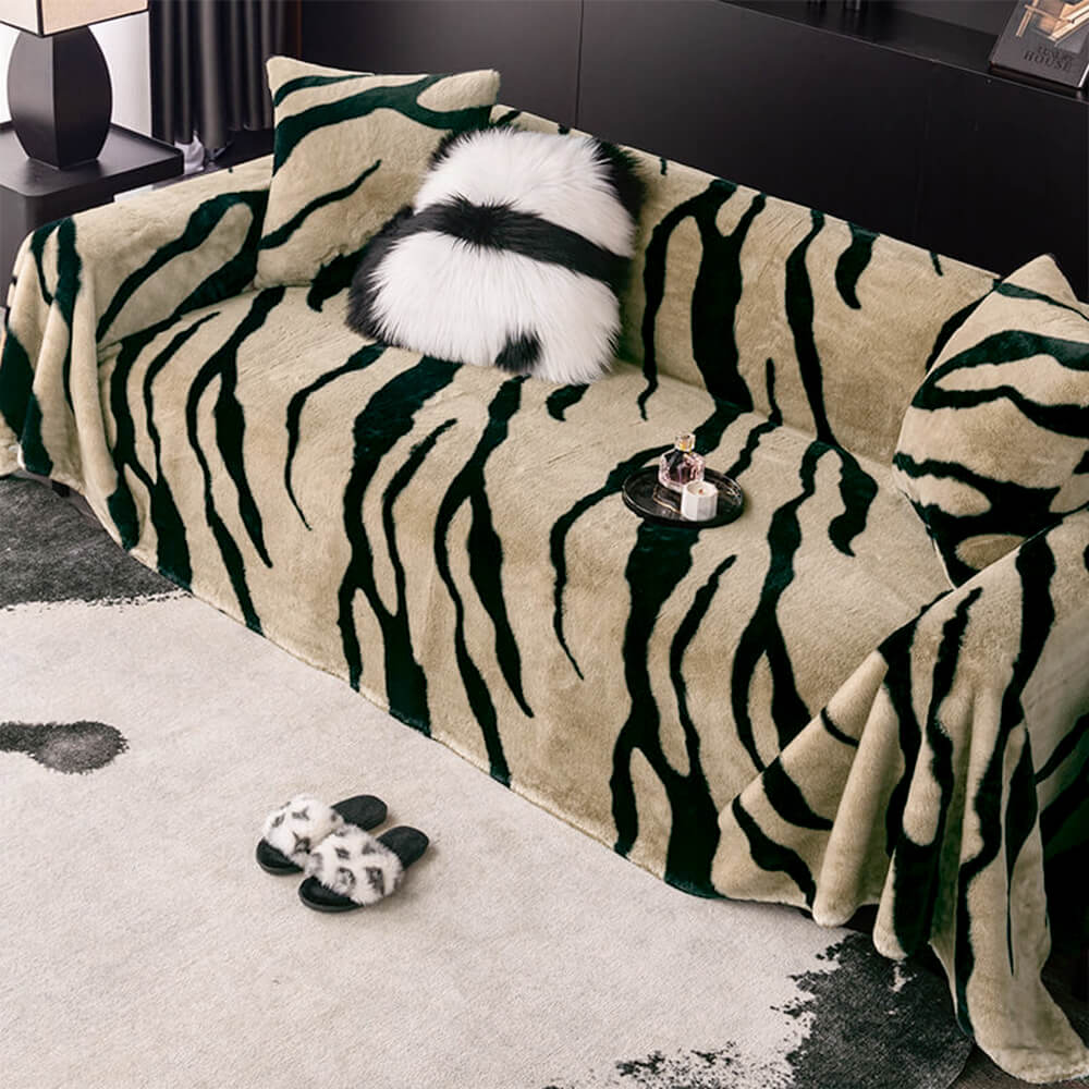 Luxurious Zebra-Print Fluffy Plush Sofa Protector