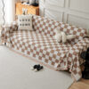 Color Block Checkerboard Fringe Trim Sofa Blanket 