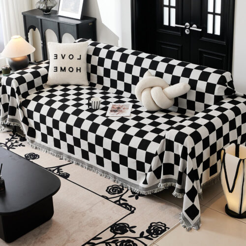 Color Block Checkerboard Fringe Trim Sofa Blanket 