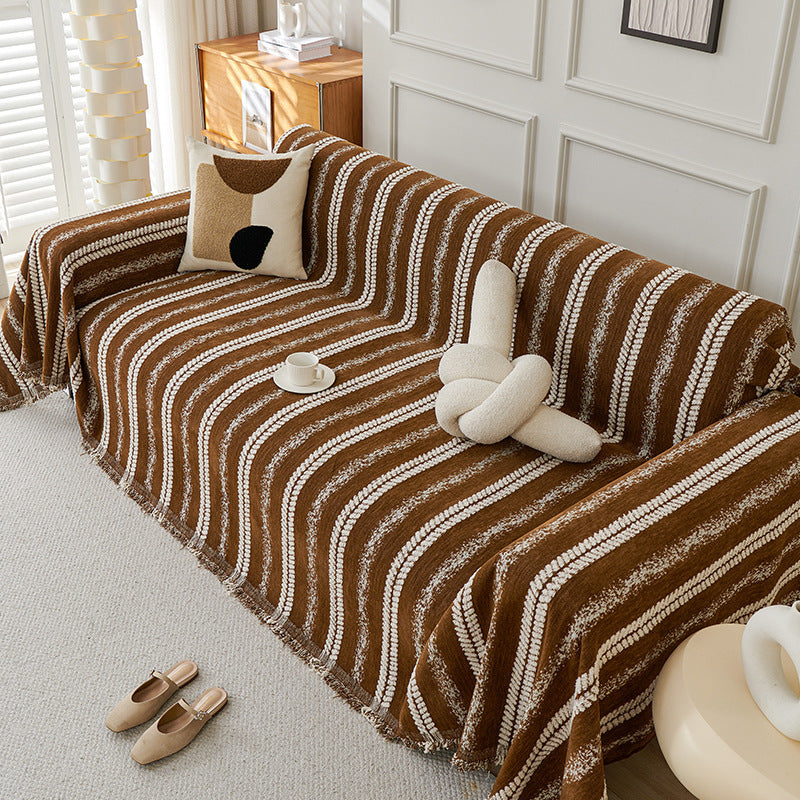 Decorative Stripe Tassel Chenille Throw Couch Cove