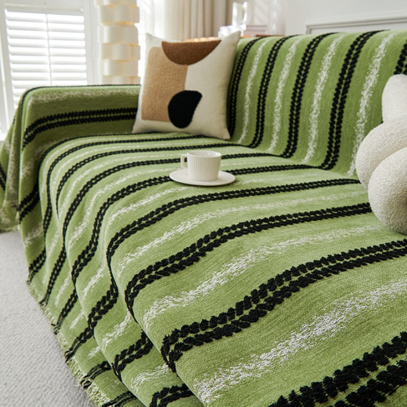 Decorative Stripe Tassel Chenille Throw Couch Cove