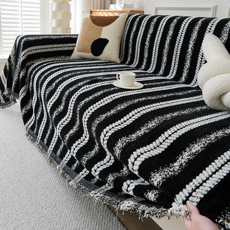 Decorative Stripe Tassel Chenille Throw Couch Cove