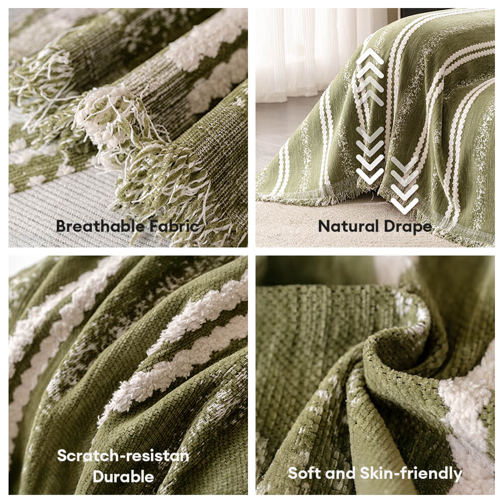 Decorative Stripe Tassel Chenille Throw Couch Cove