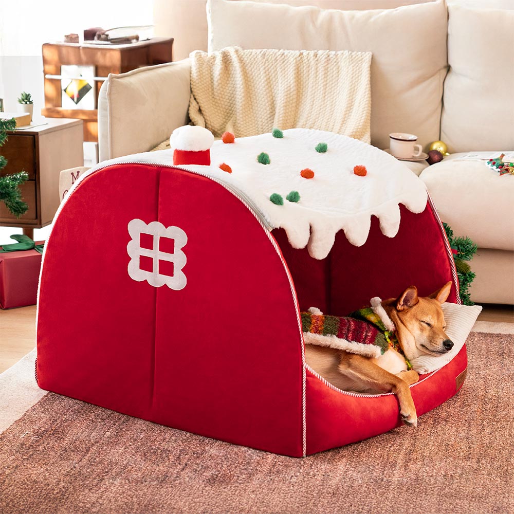 Festive Snow House Orthopedic Dog Bed - Christmas