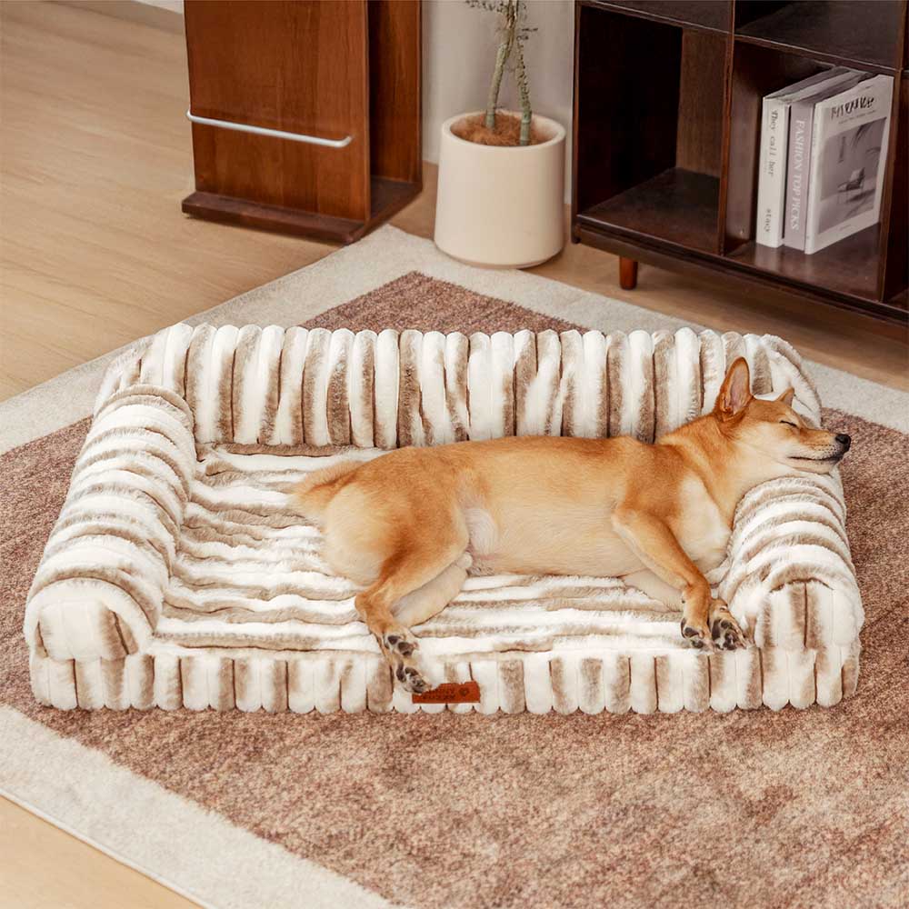 Fluffy Striped Orthopedic Bolster Dog Bed - Luxe C