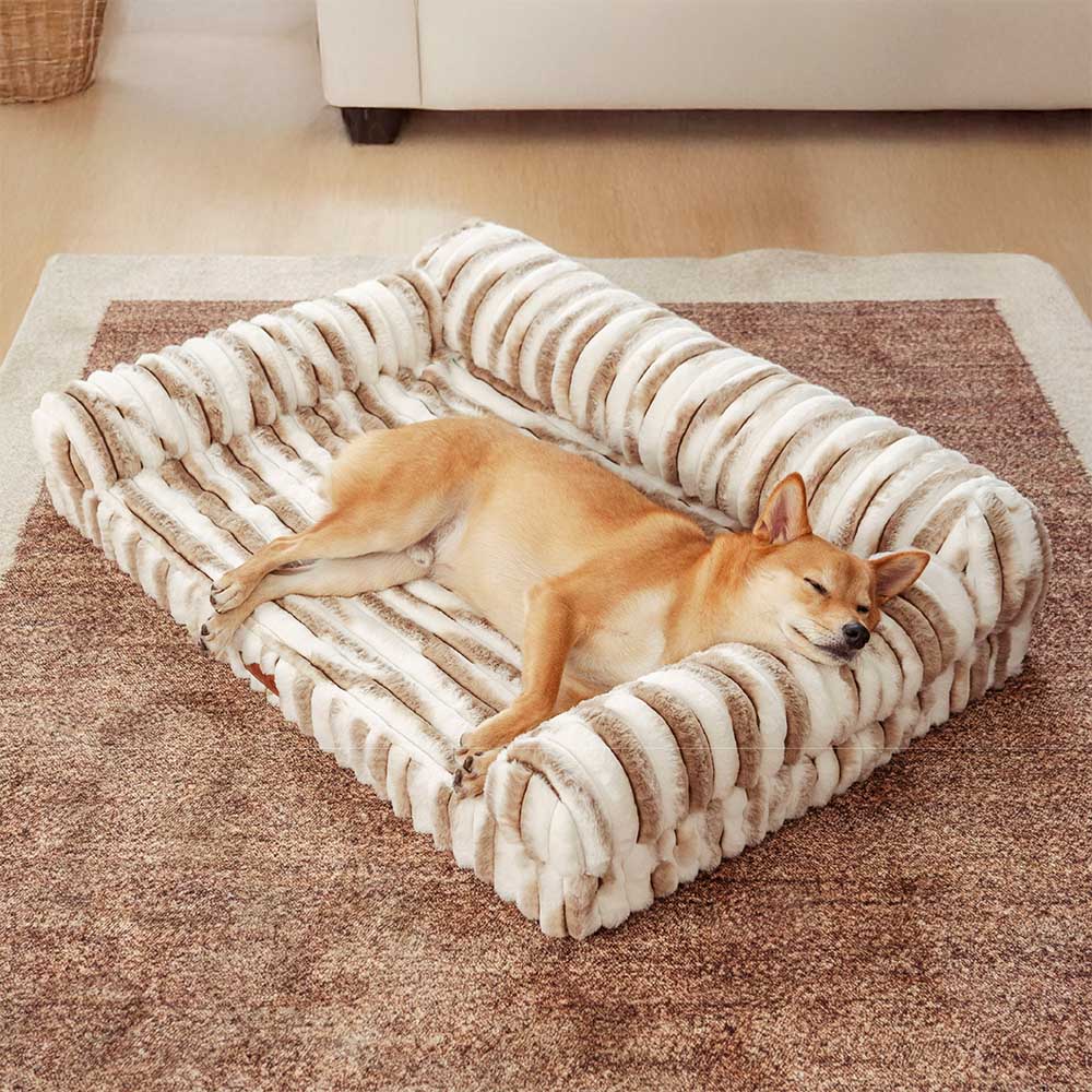 Fluffy Striped Orthopedic Bolster Dog Bed - Luxe C