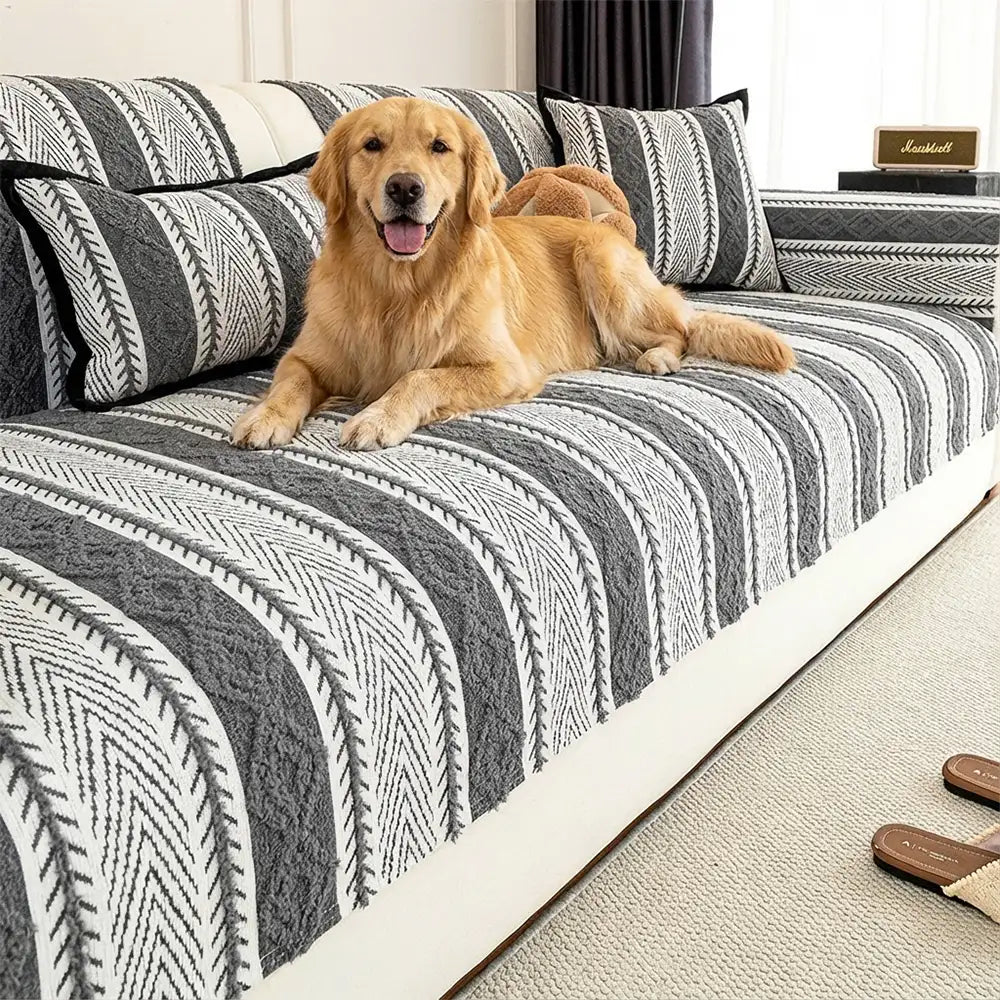 Color-Blocked Striped Chenille Non-Slip Couch Cove