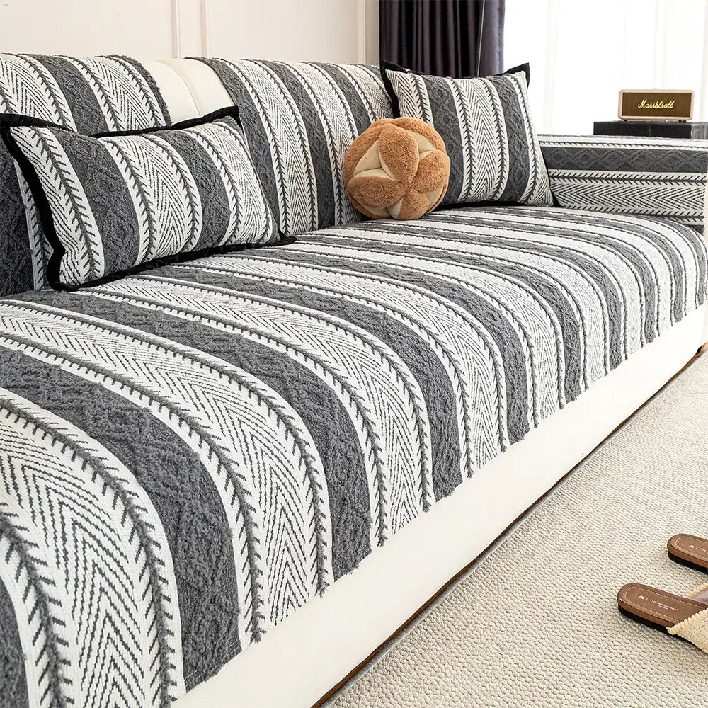 Color-Blocked Striped Chenille Non-Slip Couch Cove