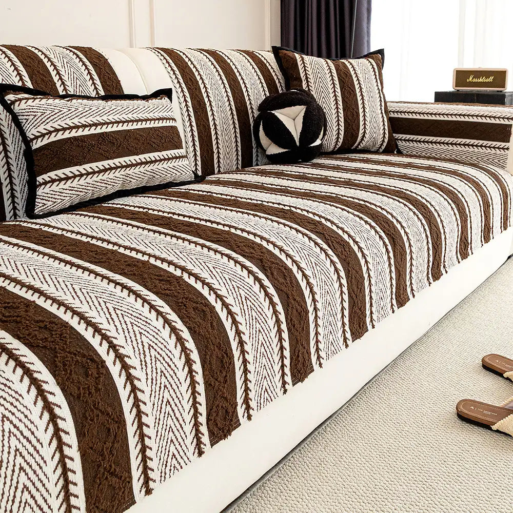 Color-Blocked Striped Chenille Non-Slip Couch Cove