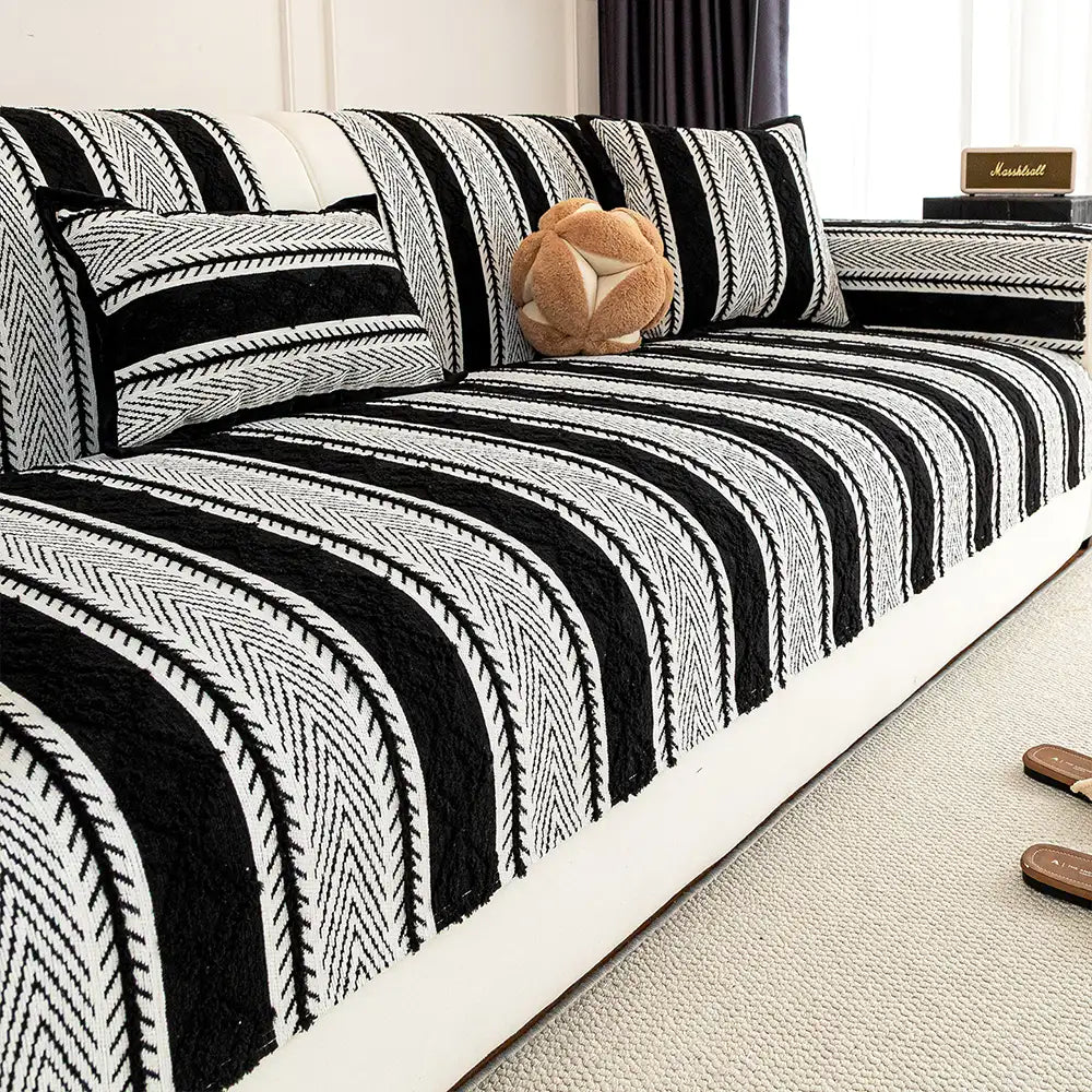 Color-Blocked Striped Chenille Non-Slip Couch Cove