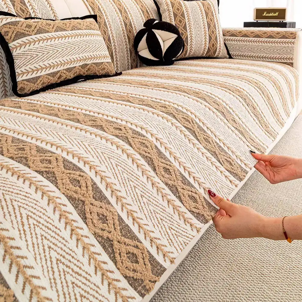 Color-Blocked Striped Chenille Non-Slip Couch Cove