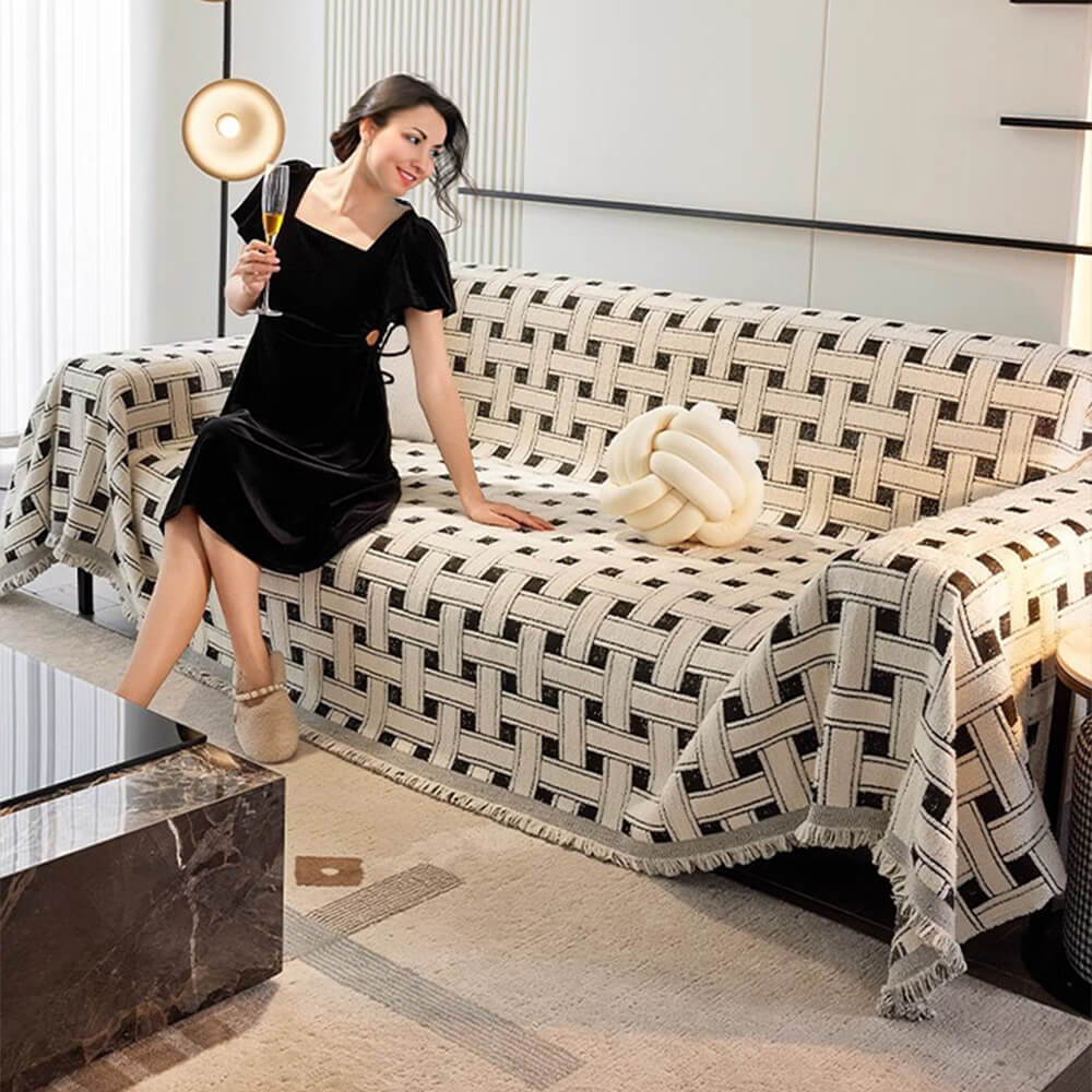 Stylish Checkered Fringed Tassel Chenille Sofa Pro